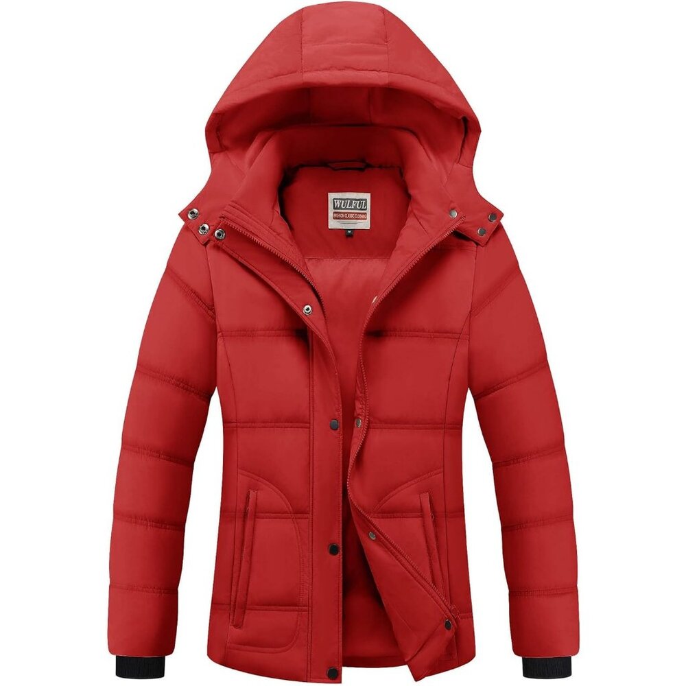 Women's Lightweight Removable Red Hood Puffer Quilted Jacket Coats Winter Warm